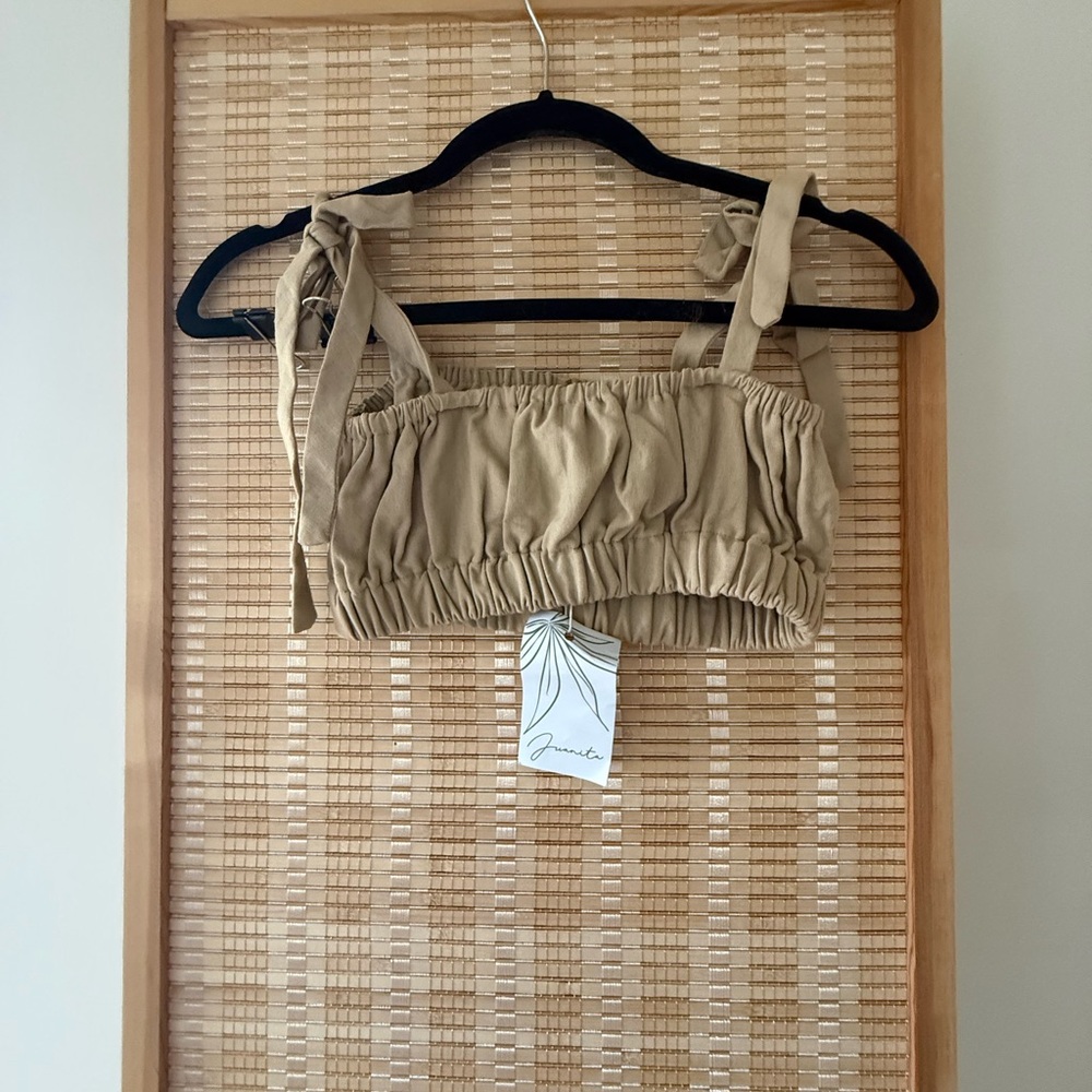 Tie-Shoulder Ruched Crop Top in Tan